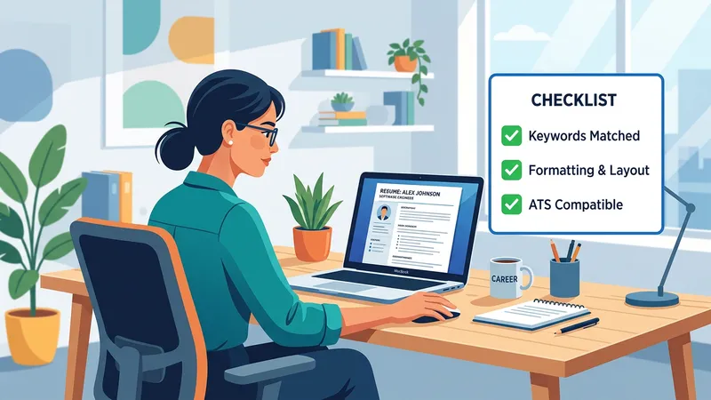 A job seeker reviewing a polished professional resume on a laptop with a checklist of resume quality factors beside it